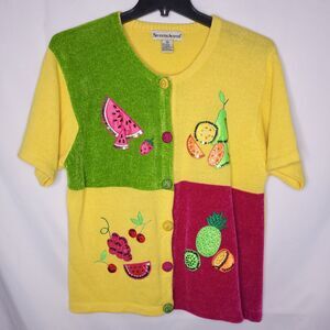 Seventh Avenue Sweater Cardigan Womens XL Colorful Fruit Chenille Vintage